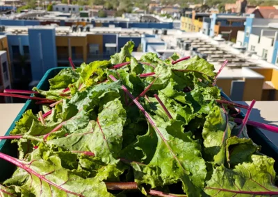 Pile of chard leaves in a bin.